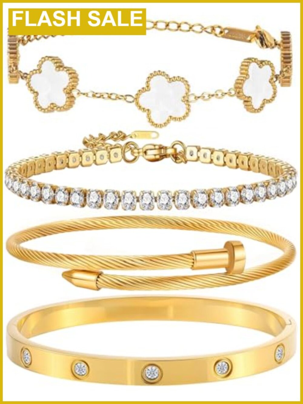 18K Gold Plated Bangle Bracelet Set for Women Stackable Floral Adjustable